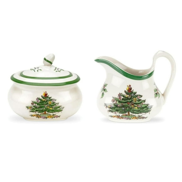 Spode Christmas Tree Sugar & Creamer Set - 16oz Sugar Bowl with Lid & 8oz Creamer - Fine Earthenware Holiday Tea & Coffee Serving Set - Dishwasher Safe Festive Tableware