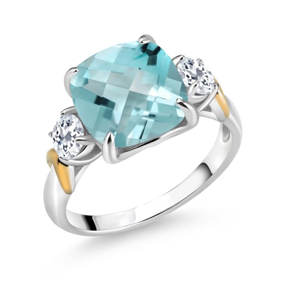 Gem Stone King 925 Silver and 10K Yellow Gold Sky Blue Topaz and White Topaz 3 Stone Ring for Women (5.81 Cttw, Gemstone November Birthstone, Cushion Checkerboard 10MM, Round 4MM, Size 6)