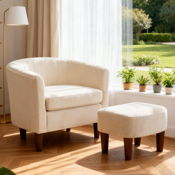 Beige Velvet Barrel Accent Chair And Ottoman Set Modern Upholstered Lounge Chair With Footrest
