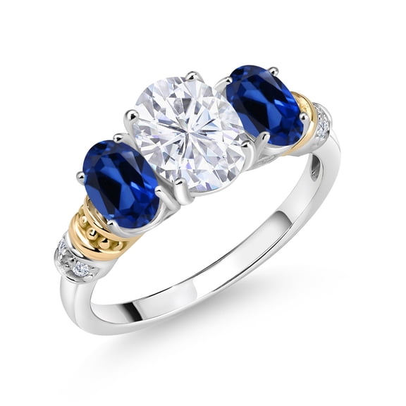 Gem Stone King 925 Sterling Silver and 10K Yellow Gold Oval White Moissanite Blue Created Sapphire and White Diamond 3 Stone Ring for Women (2.73 Cttw, Gemstone Birthstone, Size 7)