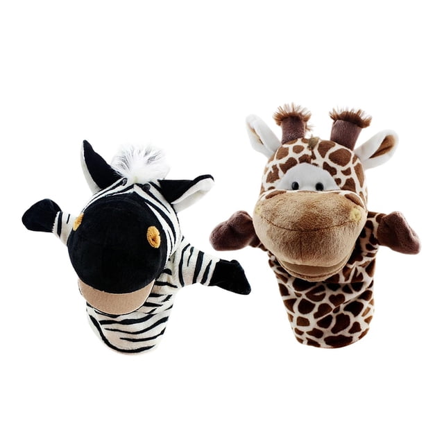 2 marionetas de mano de animales de peluche, juguete suave, lindo y educativo con boca móvil para Jirafa cebra