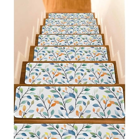 Colorful Leaf Stair Treads for Wooden Steps Indoor Runner Rug Carpet Summer Botanical Pastoral Spring 4 Pieces Peel and Stick Staircase Step Treads Covers Washable Throw Door Mats 30 x8