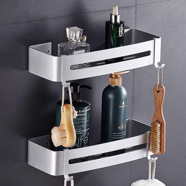 Rustproof Space Aluminium Shower Caddy, Removable Hooks, Adjustable Height Between Storage Units, Hollow Bottom Design For Quick Drainage And Ventilation, Easy To Install Without