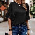 thumbnail image 2 of IROINNID Chemises Réduites Grande Taille pour Femmes Chemises en Coton pour Femmes Quotidien Été Blouse à Manches Trois-Quarts Col Rond Hauts Unis T-Shirt,Noir, 2 of 7