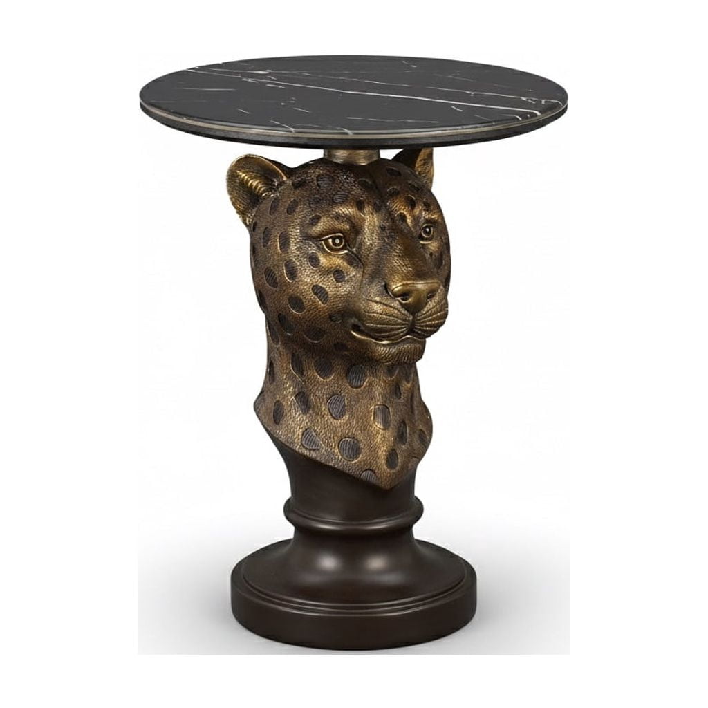 Leopard Head Accent Table, Animal Statue End Table with Faux Marble Top, Resin Sculpture Side Table for Living Room, Hallway, Boutique Display, Antique Brown