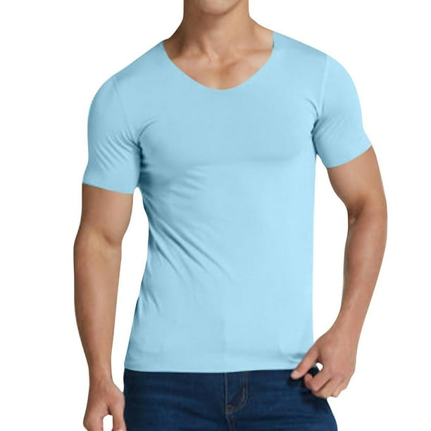 Camisas de Suéter de Hombre de Color Sólido Cuello en V de Manga Corta, sin Costuras Estiramiento Apretado Top de Fitness