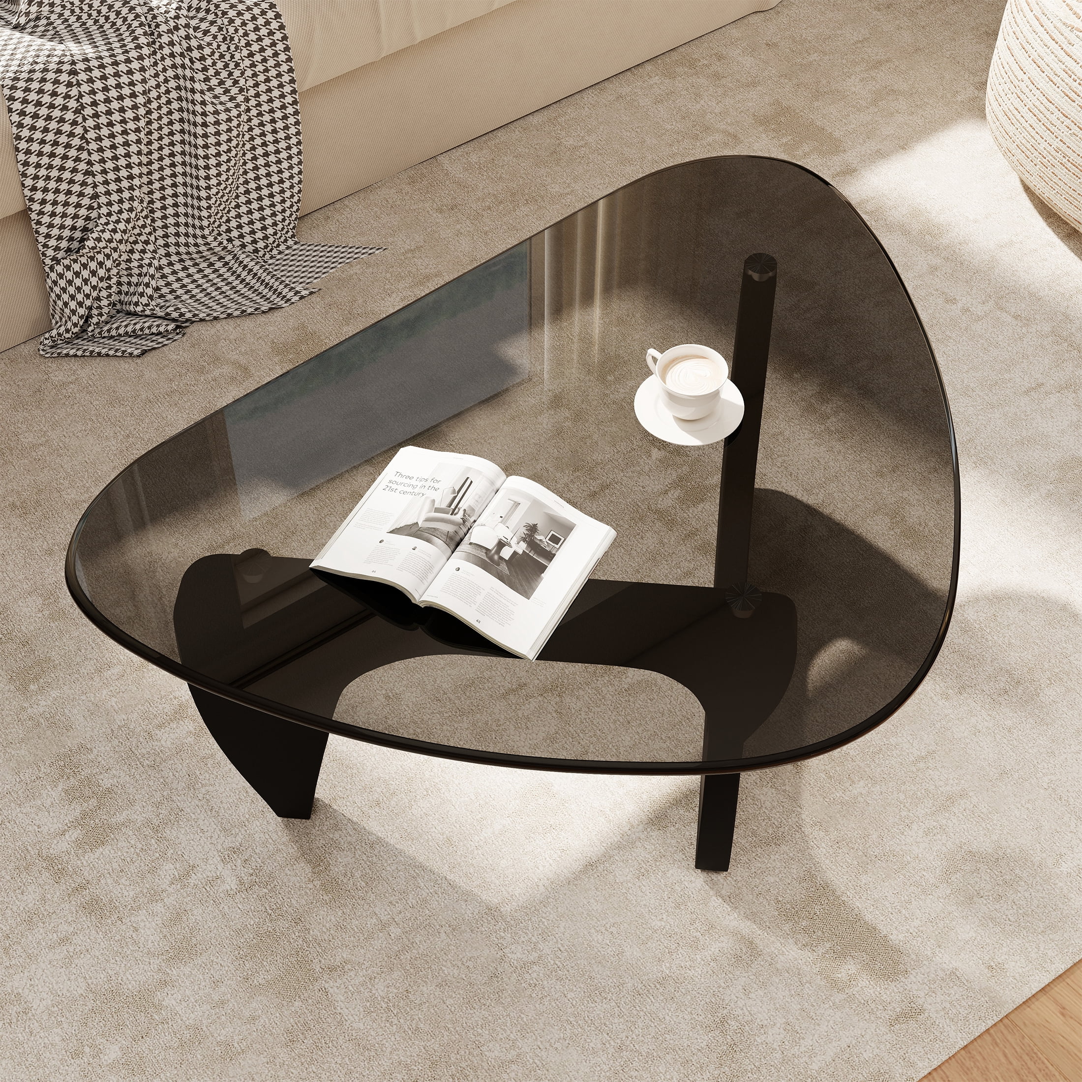 Daluvenix Modern Glass Coffee Table Triangle Coffee Table for Living Room with Glass Top and Wood Base