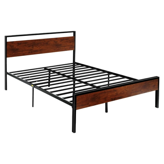 VEVOR Queen Size Bed Frame,14 Inch Black Metal Platform Bed Frame with Retro Brown Wooden Headboard and Footboard, Large Under-Bed Storage,Non-Slip Without Noise, No Box Spring Needed, Easy Assembly