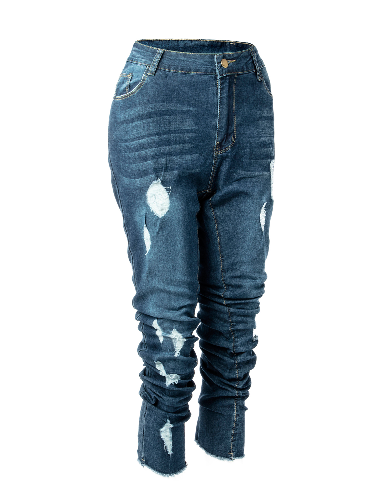 Women's Ripped Distressed Stretch Jeans High Waist Slim Fit Skinny Denim Comfy Pants Denim Jeans Trouser Blue - image 4 of 8