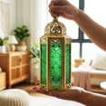 thumbnail image 6 of 10.5" Medium Moroccan Lantern Candle Holder – Gold with Green Glass, Metal Decorative Lamp for Indoor/Outdoor Patio or Porch Use, Home Decor, Ramadan, Weddings, 6 of 11