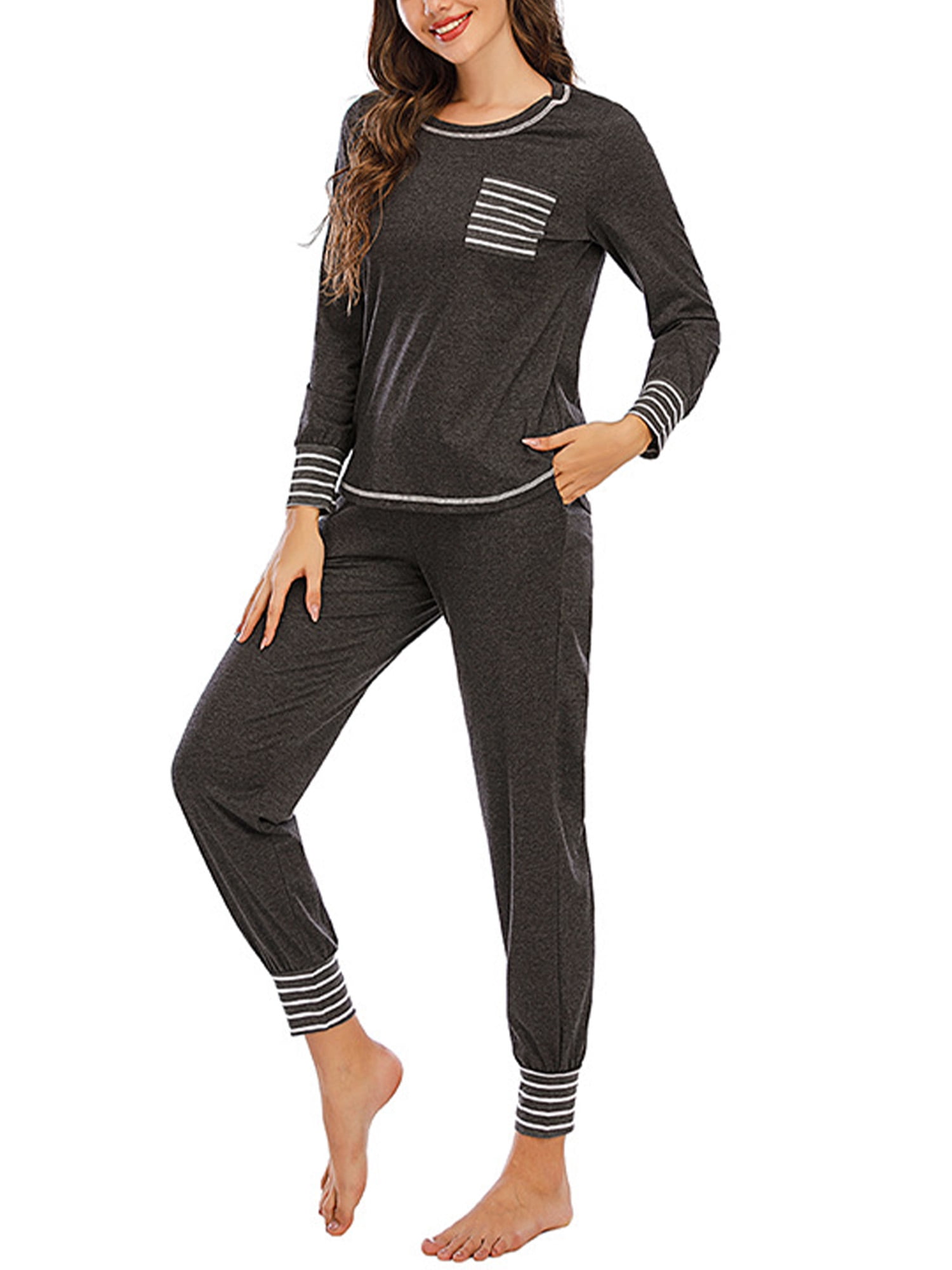 Avamo - 2pcs Womens Pajamas Set Pullover Sport Lounge Wear Long Sleeve