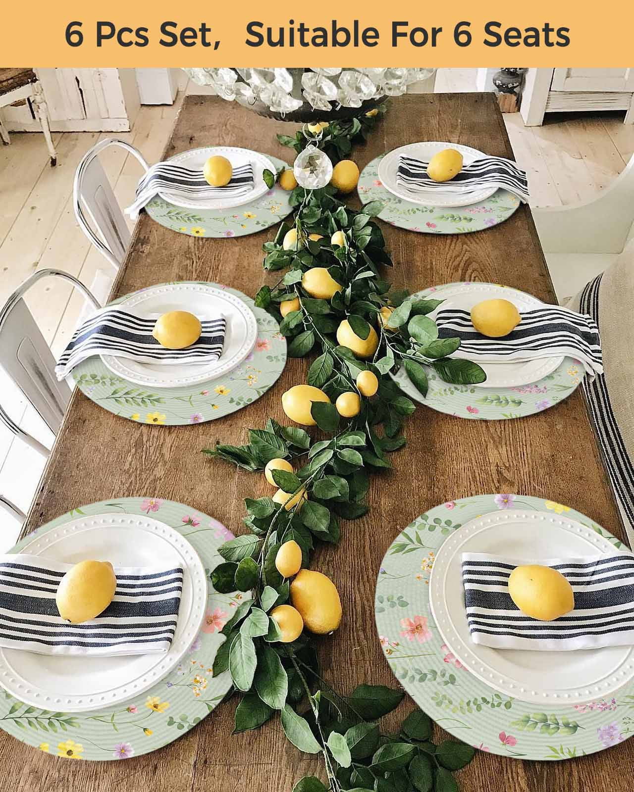 15 Inch Round Placemats Set of 6, Pink Spring Floral Non Slip Heat Insulation PP Table Mats, Farmhouse Flowers Sage Green Leaves Washable Place Mats for Kitchen Dining Party Table Decor