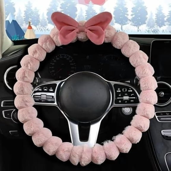 Steering Wheel Cover with Fuzzy Bow Design for Women Universal Car Accessory for Diverse Cars Pink O-Shaped, Diameter 15 Inches