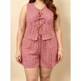 thumbnail image 4 of LMLYSoH Womens Plus Size Shorts Outfit Casual Loose Fit Plaid Bow Tie Front V Neck Sleeveless Tops and Shorts 2 Pcs Set, 4 of 9