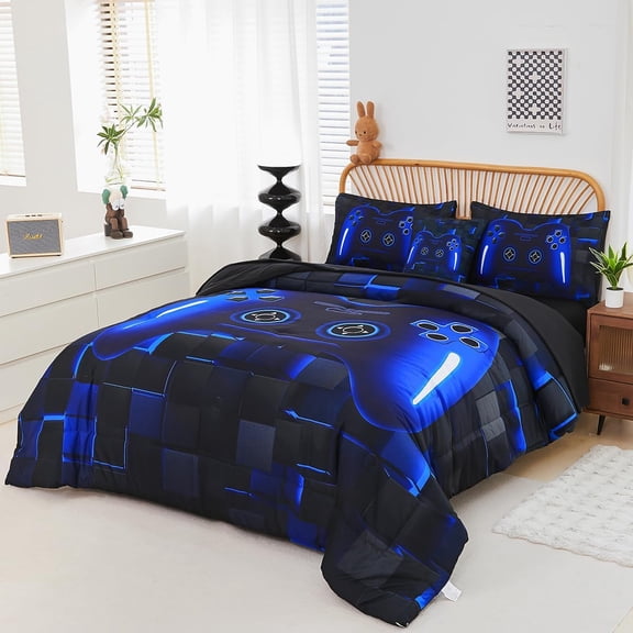6 Pieces Kids Game Comforter Set Full Size Blue Gamer Bedding Set for Boys Teen 3D Cool Black Video Gaming Bed in A Bag with Sheets