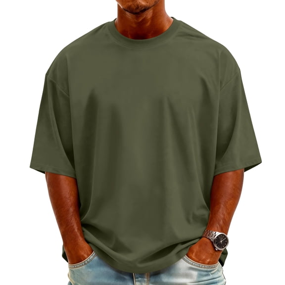 TQWQT Oversized Tshirts for Men Crew Neck Short Sleeve T Shirts Soft Loose Fit Solid Basic Tees Casual Drop Shoulder Plain Tops Army Green 2XL