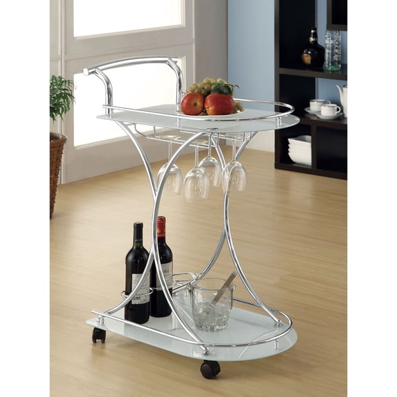 White Glass and 2-Tier Bar Cart with Stemware Rack, Kitchen Island Serving Cart for Small Spaces