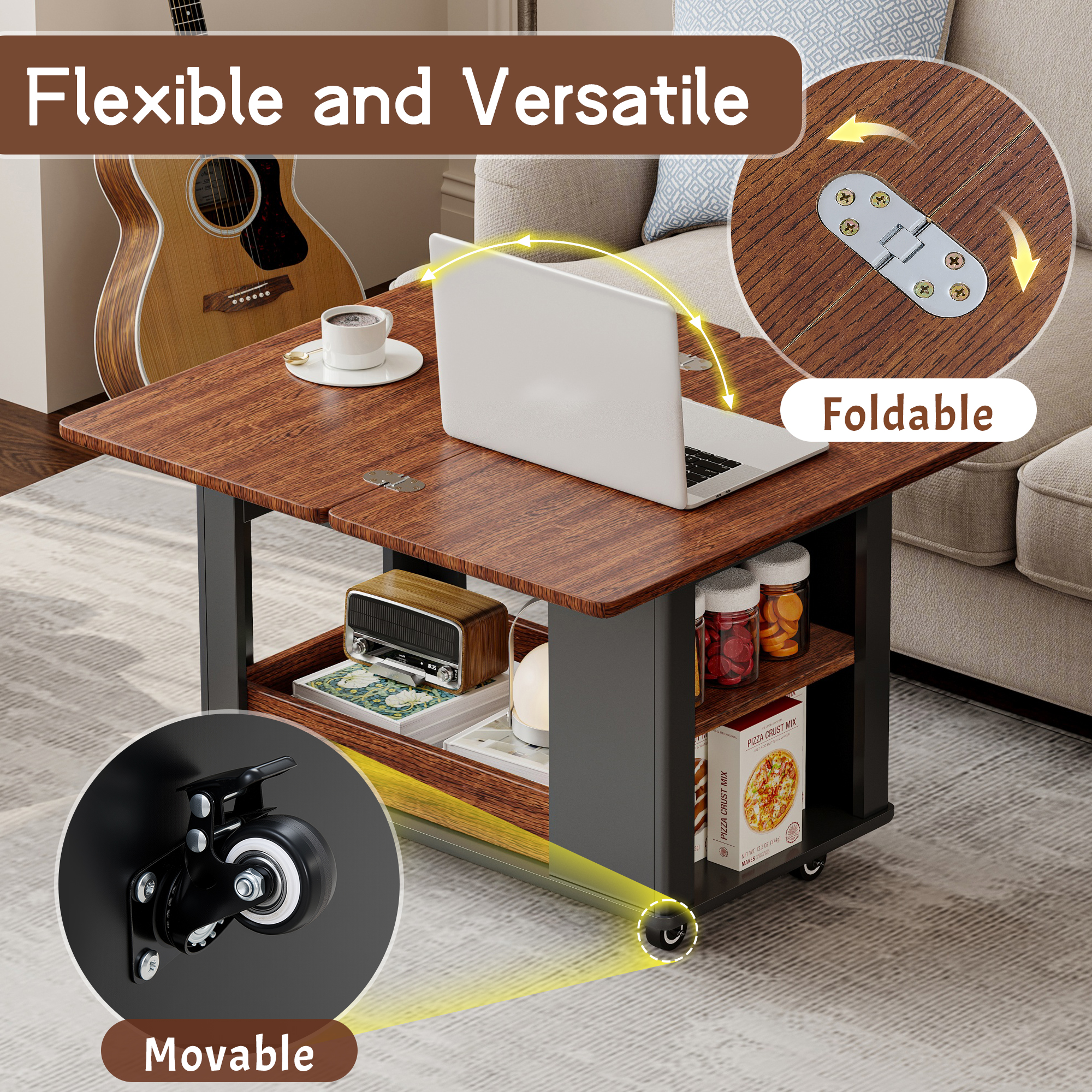 Euroco 27.6'' Modern Multi-Function Coffee Table/Side Table with Foldable Top & Casters, Multi-tier storage, Black & Walnut