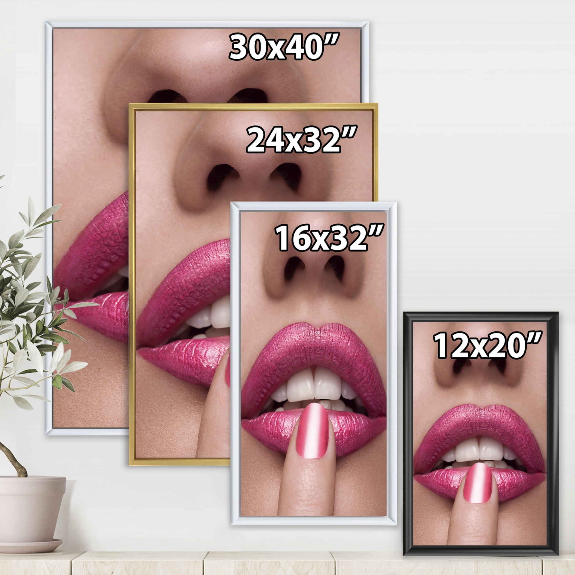 Designart 'Pink Female Lips With Finger On Mouth' Modern Framed Canvas Wall Art Print