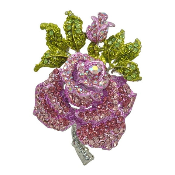 Women's Austrian Crystal Blooming Pink Rose Beautiful Flower Brooch
