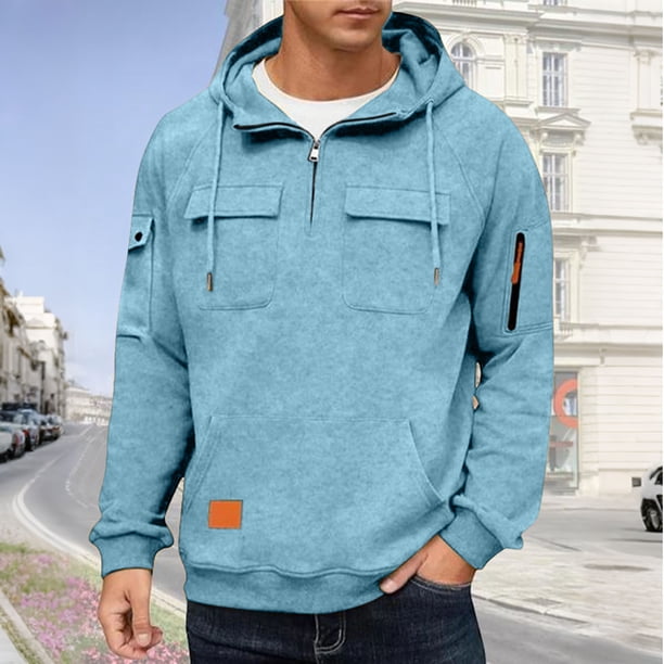 pstuiky camisas de manga larga para hombre, Sudadera con capucha, cremallera de un cuarto y múltiples bolsillos de manga larga de color liso para hombre Tops casuales para hombres xxxl