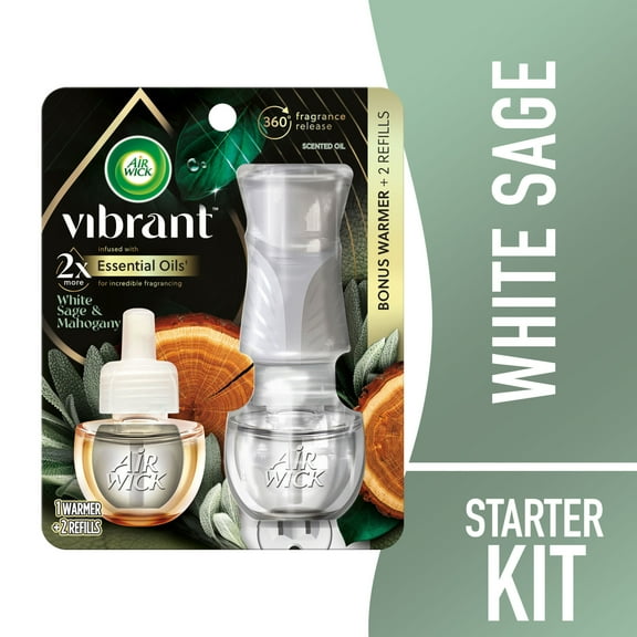 Air Wick Vibrant Plug in Scented Oil Starter Kit (Gadget   2 Refills), White Sage & Mahogany, Air Freshener, Essential Oils