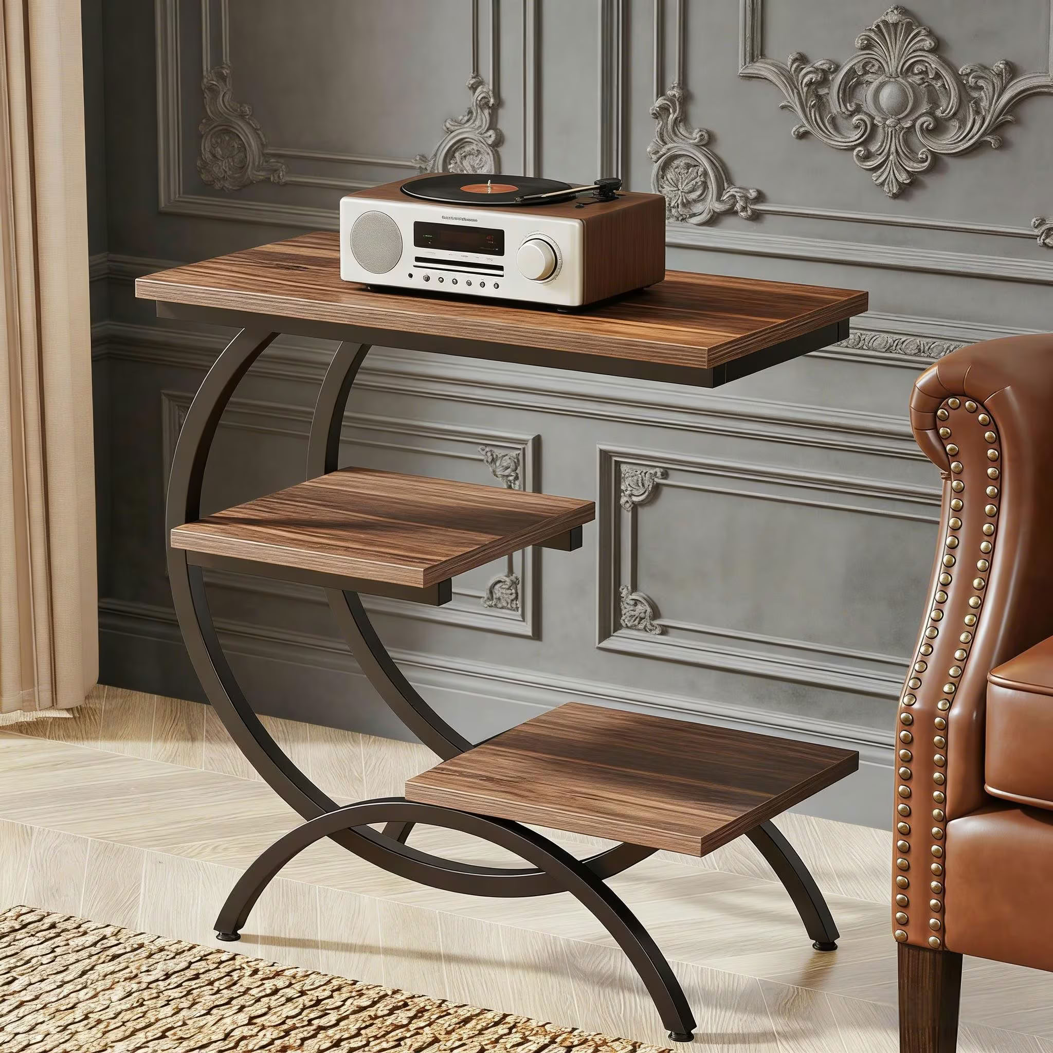 MAYEERTY 3-Tier C-Shaped End Table, Industrial Side Table with Wood Top and Metal Frame, Space-Saving Sofa for Living Room, Bedroom