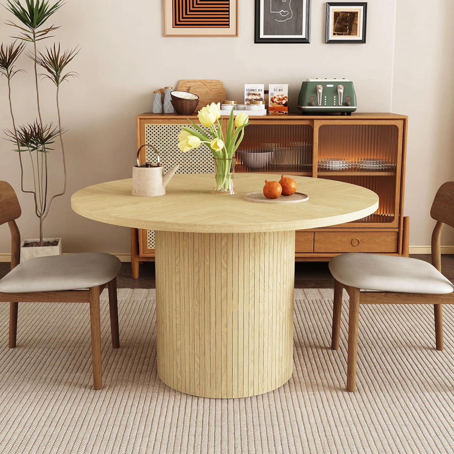 Wirrytor Round Dining Table, Modern Farmhouse Kitchen Table, 47 Inch Circle Dining Tables with Wood Strip Base for Kitchen Living Room (Natural)