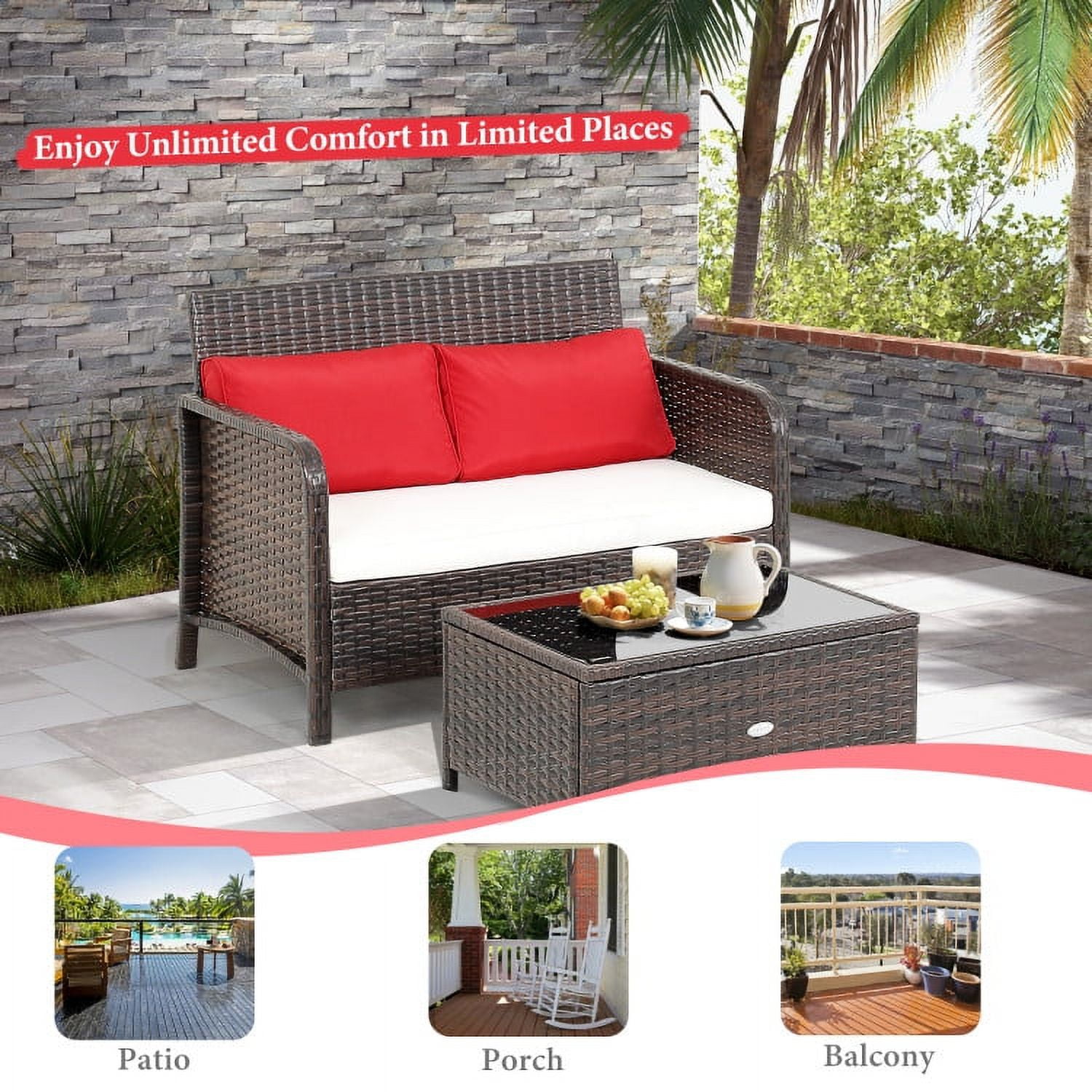 Aimee Lii 2 Pieces Wicker Loveseat Set with Coffee Table, Outdoor Patio Furniture