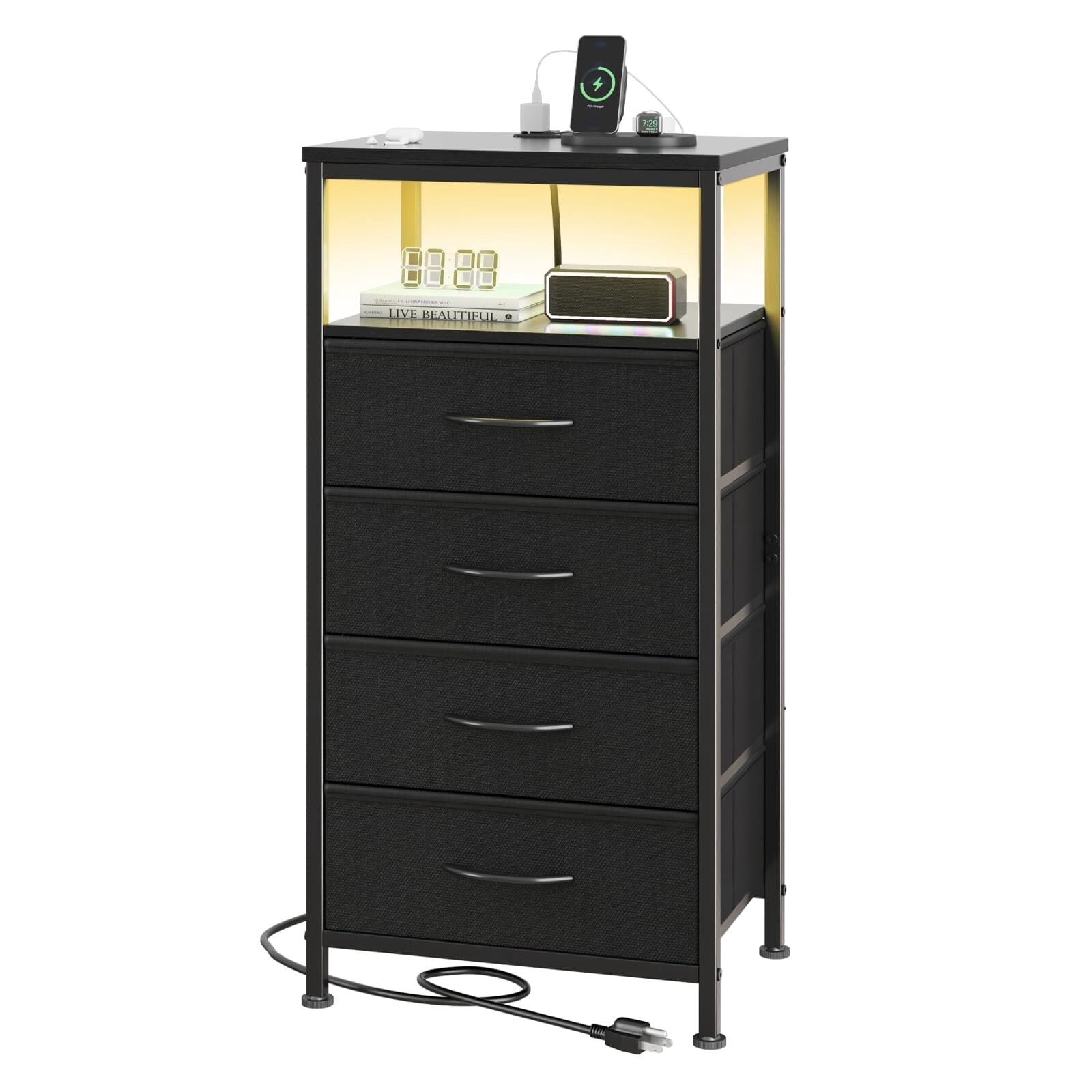 Kelno 4-Drawer Nightstand with Charging Station AC Outlets LED Light Dresser Bedside Table, Black