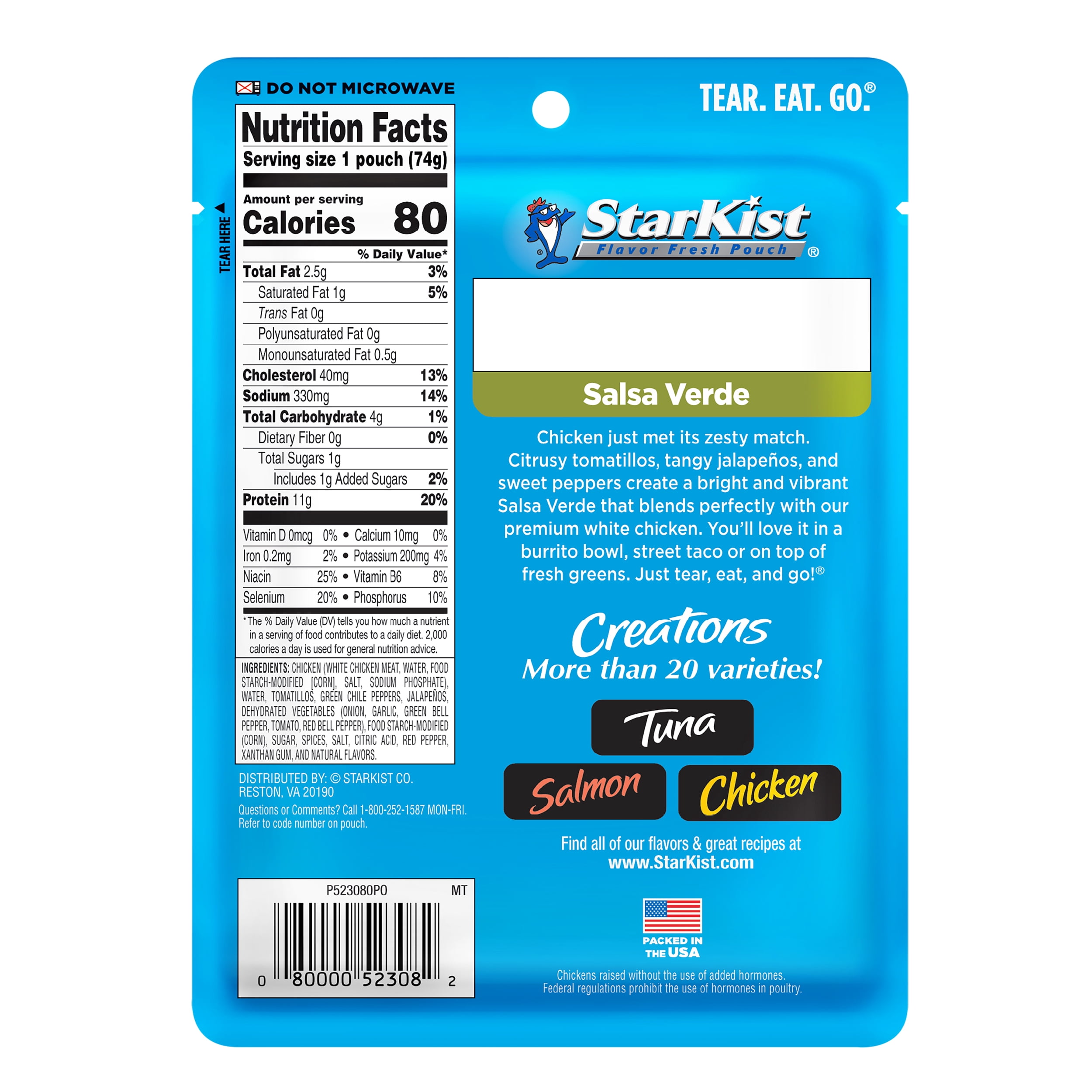 StarKist Chicken Creations Salsa Verde Style Fully Cooked Chicken, 11g Protein, 2.6 oz Pouch