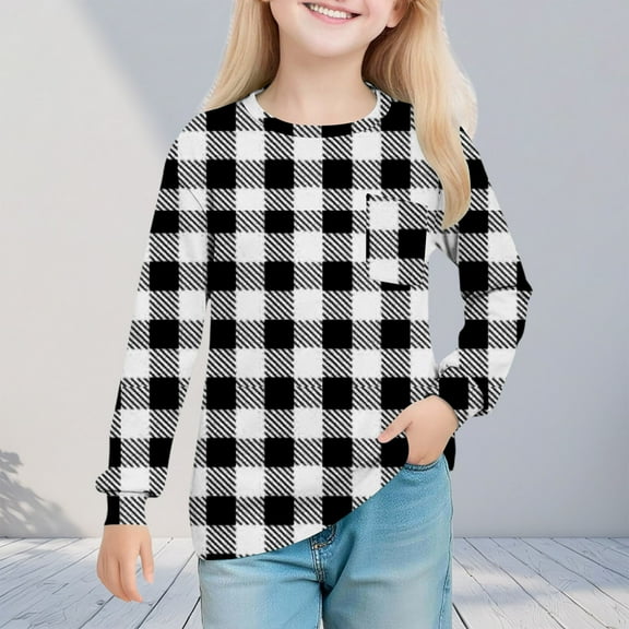 UQJfacai Girls Long Sleeve Shirts Kids Plaid Graphic Crewneck Pullover Tops Fall Casual Cute Blouses Tee with Pocket 5-14 Years