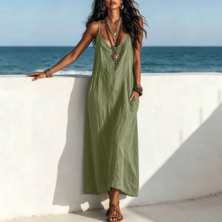 a line plus size vacation dress QUNYINEY A Line Womens Dresses Casual Sleeveless Long Faux Cotton Linen  Blue Sundress V Neck with Pockets Loose Fit Vacation Dresses