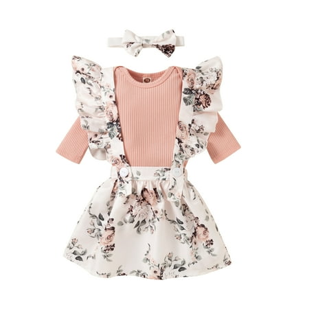 

Letiane Infant Baby Girls Outfits Long Sleeve Romper and Flower Suspender Skirt with Headband Clothes Sets (Pink 18-24M)