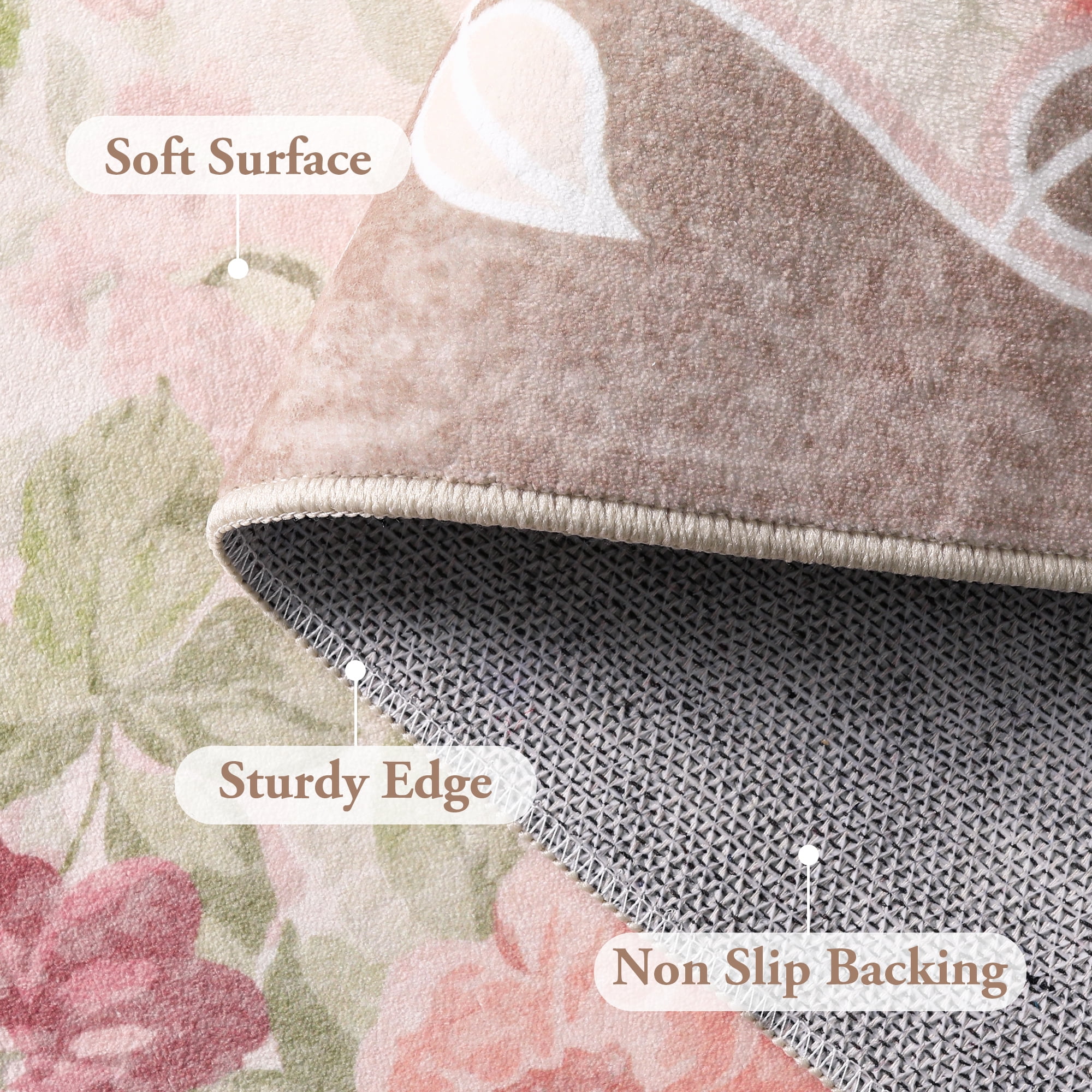 Lahome Decor 5'x7' Pink Floral Washable Rugs,5x7ft Rugs for Bedroom Girls Boho Area Rug,Vintage Rugs for Living Room Non Slip Low Pile Ultra-Thin Carpet for Farmhouse,Dining Room,Kids Playroom,Beige