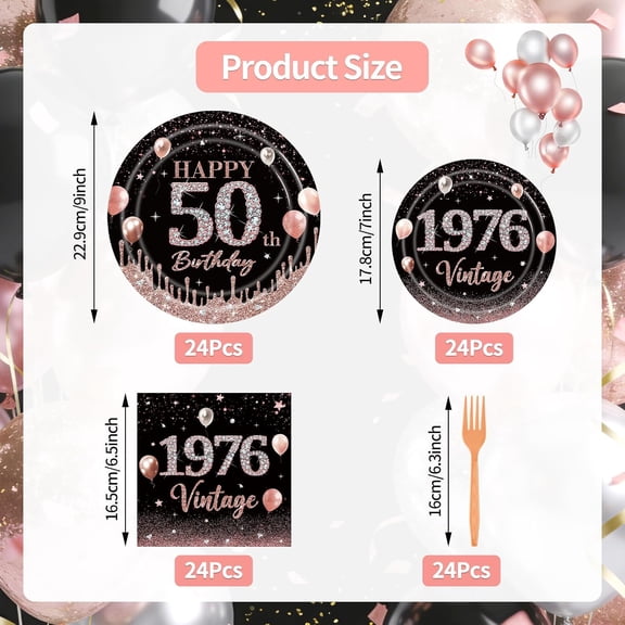 UDGIU-96 Pieces 50th Birthday Tableware Set – Black and Rose Gold Disposable Plates, Napkins and Forks with “Happy 50th Birthday” & 1976 Vintage Design – Serves 24 Guests