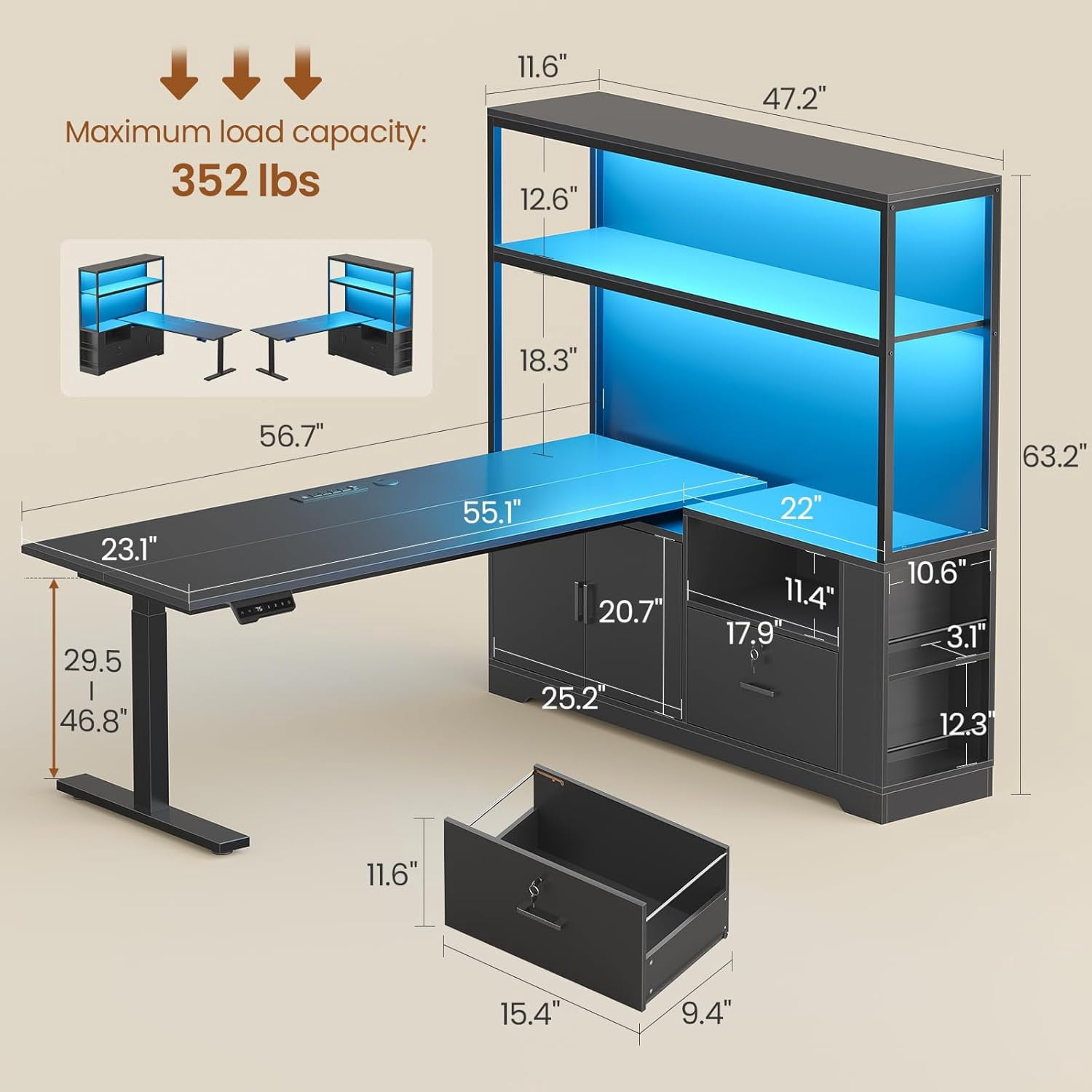 SEDETA L Shaped Standing Desk with Storage, Electric Home Office Desk with LED Lights & Power Outlets, Adjustable Height Computer Desk with Drawer, Cabinet & Bookcase, Sit Stand Up Corner Desk, Black