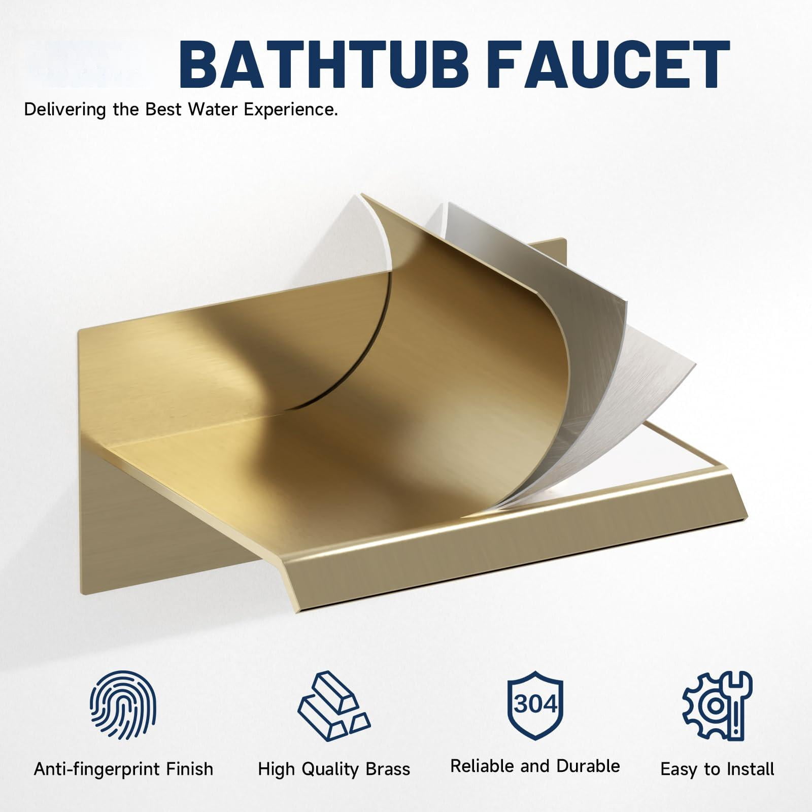 Wall Mount Bathtub Faucet Brushed Gold Single Handle Modern