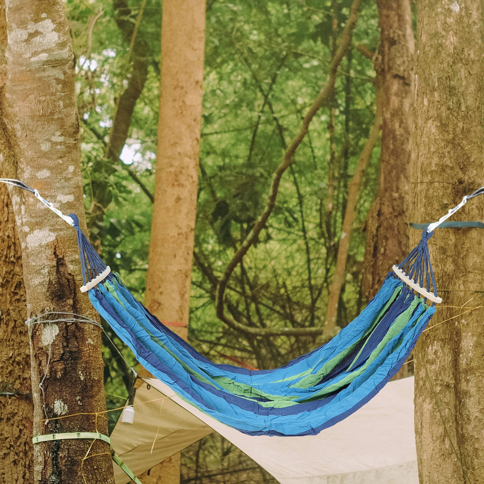 LULULION Outdoor Big Hammock Curved Portable Bamboo Blue for Friends and Family Camping 1Pcs