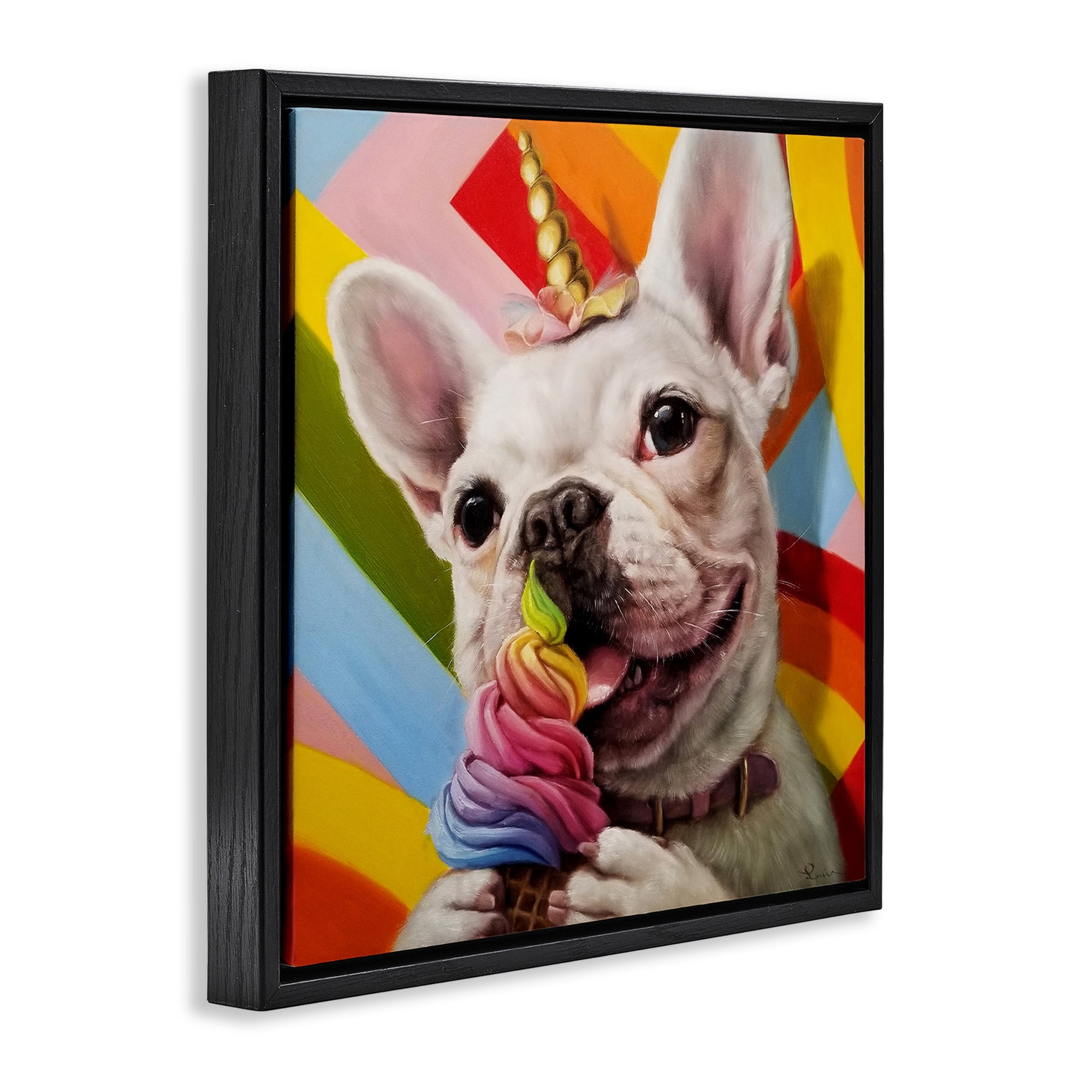 Stupell Industries Rainbow French Bulldog Ice Cream Animals & Insects Painting Black Floater Framed Canvas Art Print Wall Art, 18 x 18