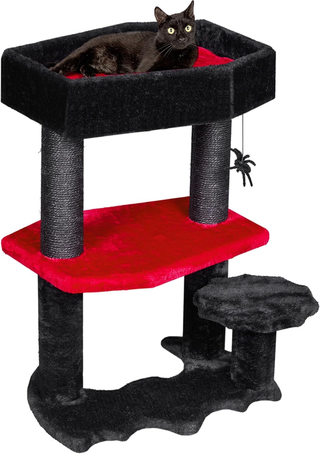 Gothic Cat Tree with Coffin Cat Bed Goth Cat Tower Coffin Cat Tree with Scratching Post, Spider Hanging Ball Halloween Black Red Pet Furniture MMJ94R