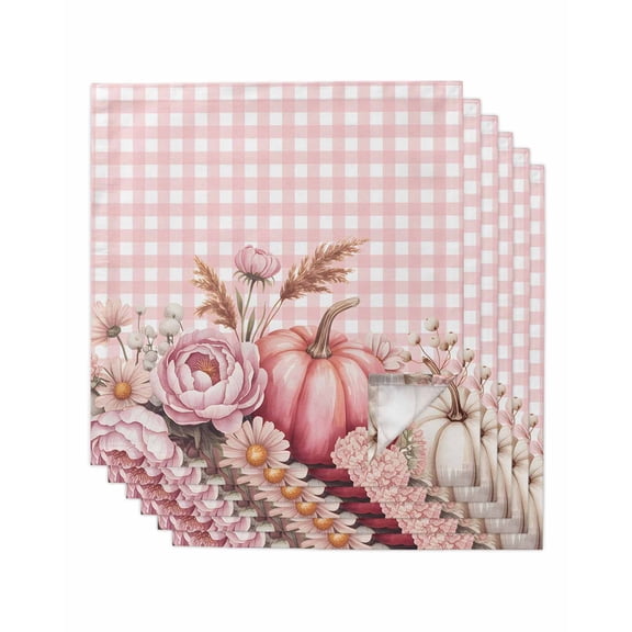 Pink Pumpkin Fall Cloth Napkins Set of 6 Reusable Dinner Napkins, Plaid Thanksgiving Botanical Floral Checkered Cocktail Napkin Washable Table Napkins for Wedding/Holiday Party/Baby Shower 20"x20"