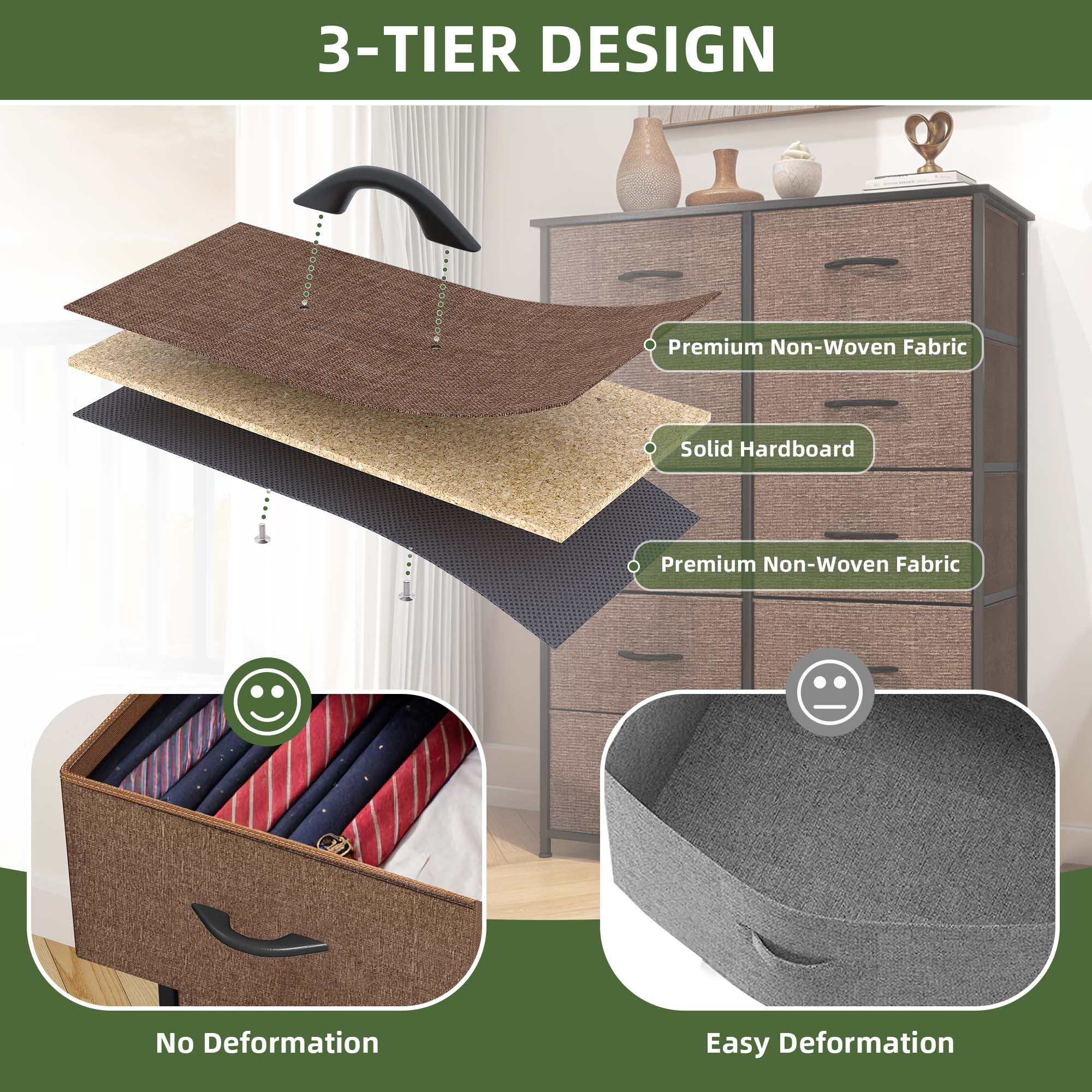 Uforic 10 Drawers Dresser Fabric Bedside Organizer Storage Tower Chest for , Brown