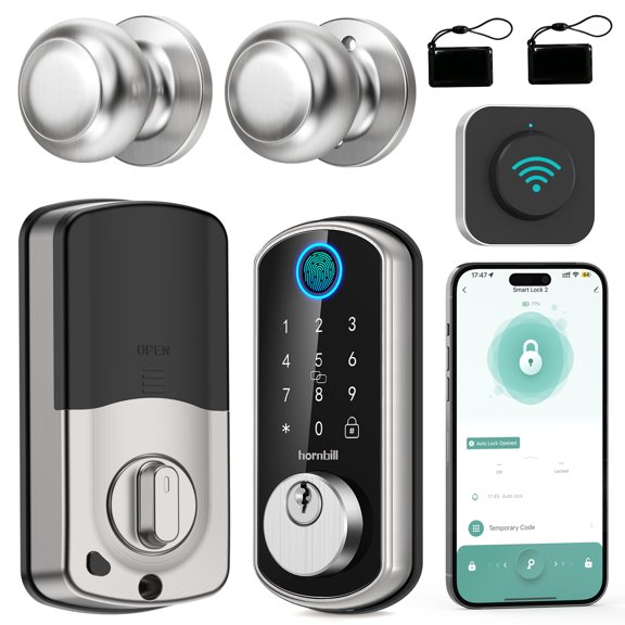 HEANTLE WiFi Smart Lock Front Door – Keyless Entry Fingerprint Deadbolt with 2 Knobs Set,Gateway Included, Auto Lock, Touchscreen, Alexa & Smartphone Control, Silver