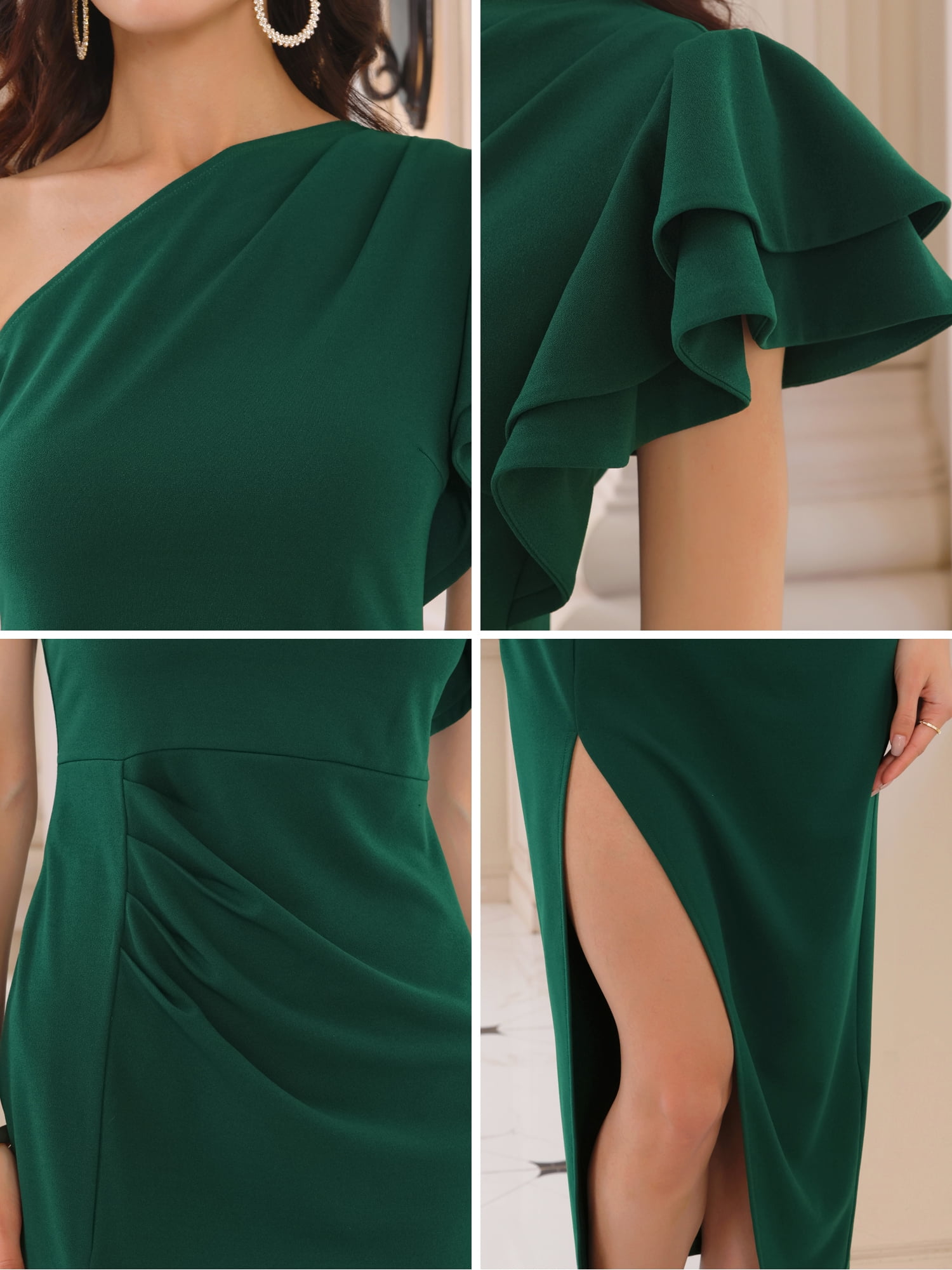 DARING DIVA One Shoulder Ruffle Ruched Split Hem Prom Midi Dress L Dark Green