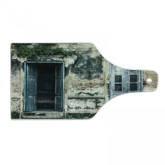 Rustic Cutting Board, Doors of Old Rock House French Frame Details in Countryside European Past Theme, Decorative Tempered Glass Cutting and Serving Board, Wine Bottle Shape, Teal Grey, by Ambesonne