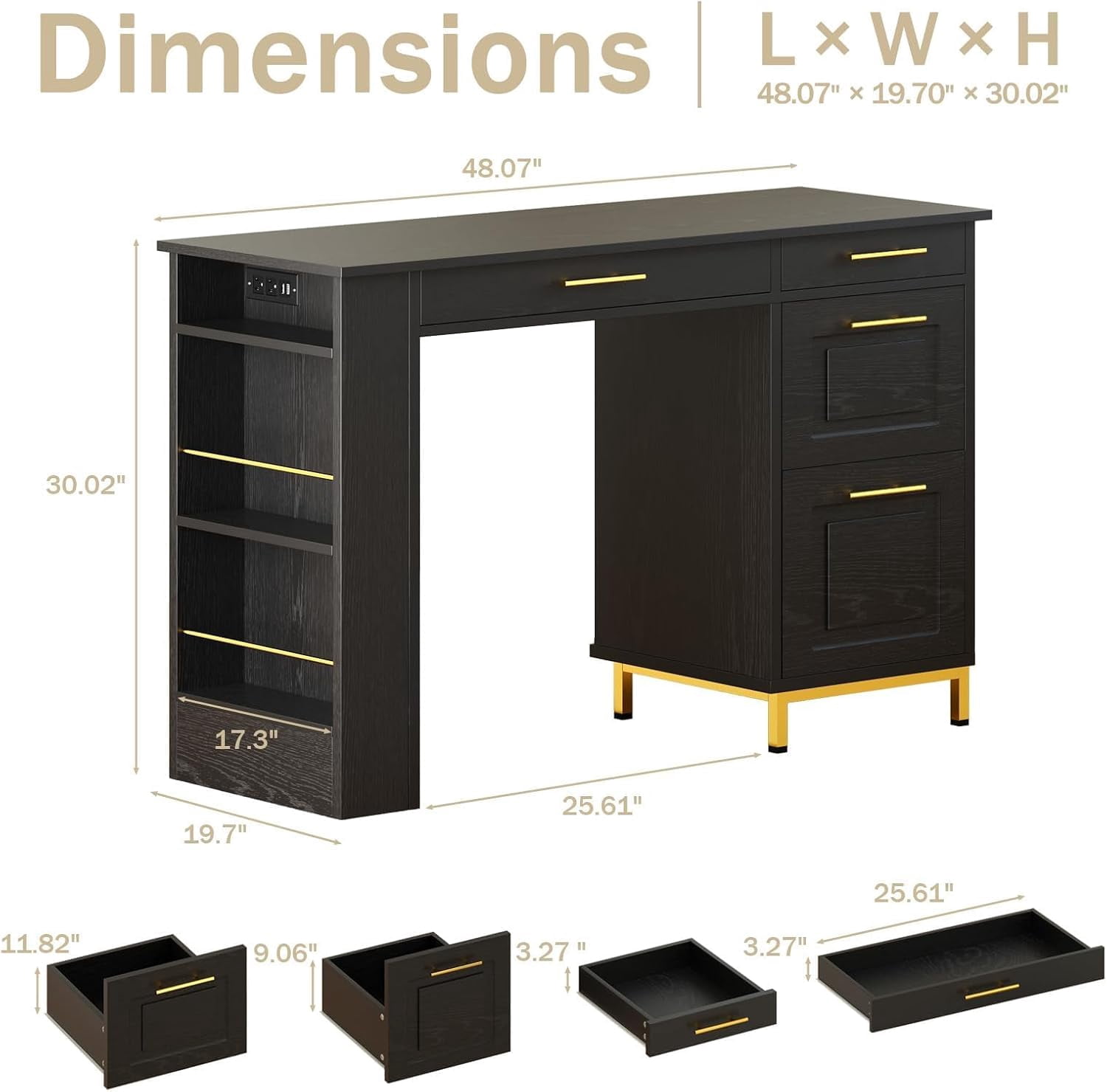 DreamCurship Computer Desk with 4 Drawers and Power Outlets, 47 inch Home Office Desk with Storage, Makeup Vanity Desk Dressing Table, Black and Gold