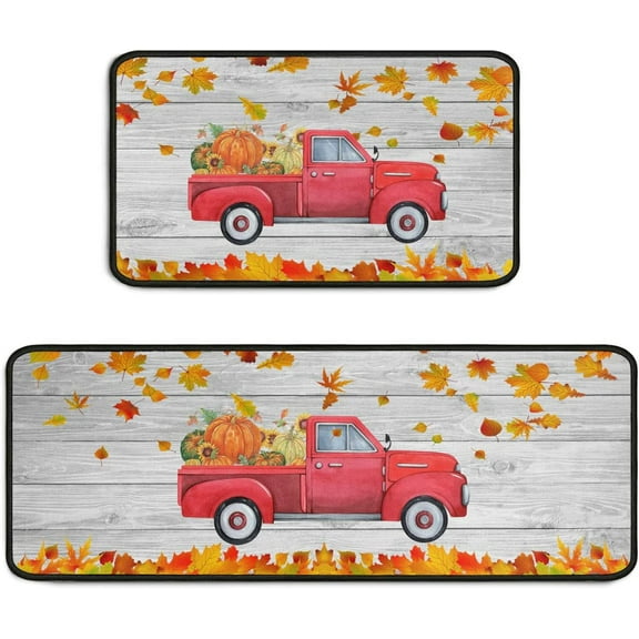 Red Truck Pumpkin Fall Kitchen Rugs Set 2Pcs Non Slip Kitchen Floor Rug and Mat Waterproof Kitchen Runner Rug Comfort Soft Standing Area Mat for Farmhouse Doormat 17"x47" 17"x30"
