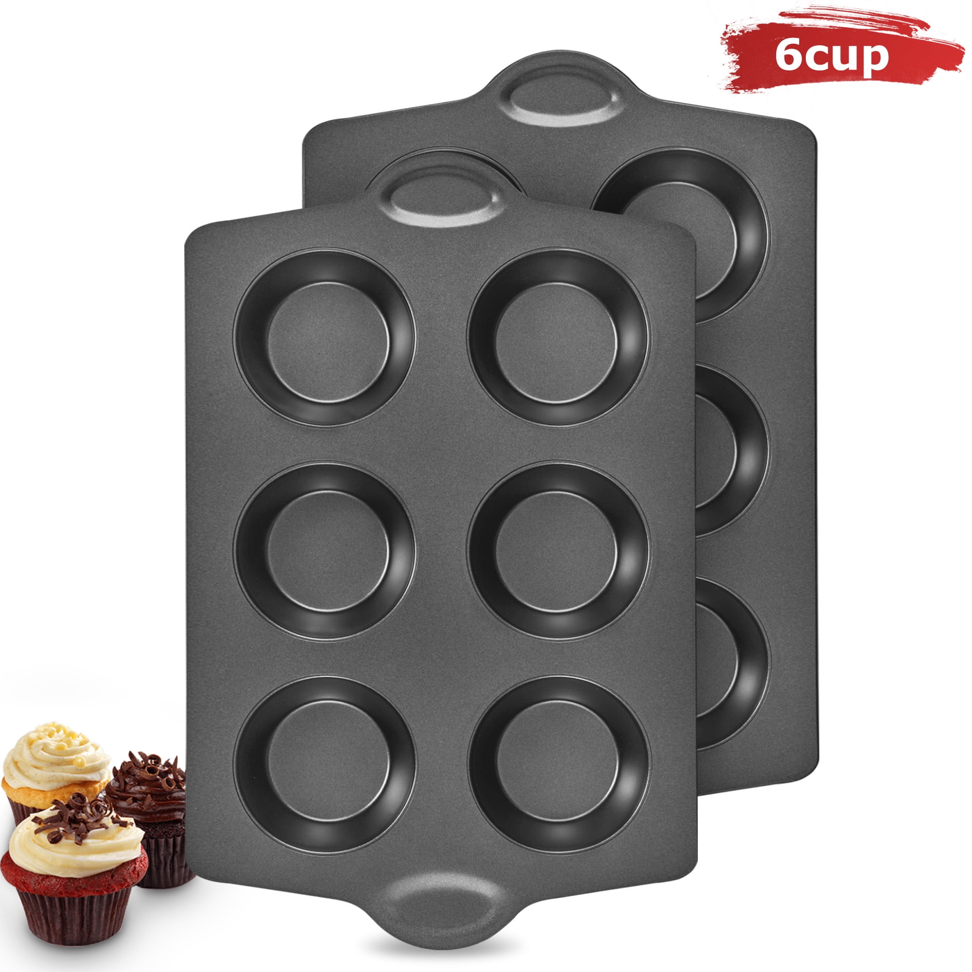 HONGBAKE Nonstick Jumbo Muffin Pan, 2 Pack Large Cupcake Tin for Baking, Cup Cake Tray, 3.5dia, 6 Cup, Premium, Extra Thick, Dishwasher Safe
