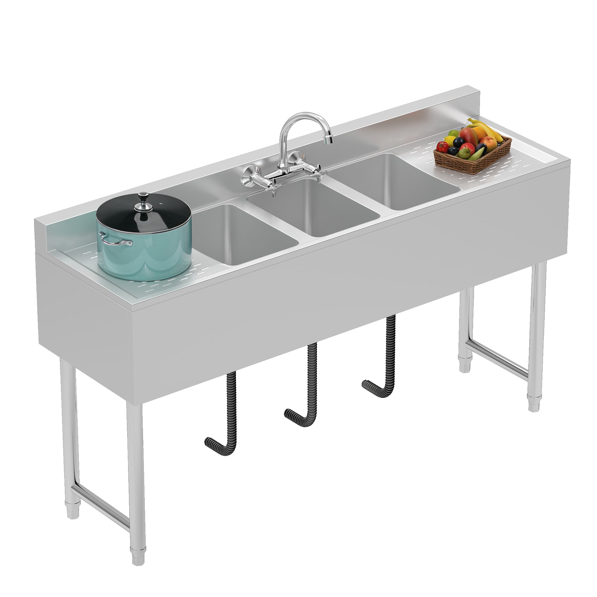 Dextrus Kitchen Sink 3 Compartment Stainless Steel Sink with Double&nbsp;Drainboard&nbsp;Commercial Freestanding Sink for Restaurant, Garage, Utility Sink 60" W x 16" D x 32" H